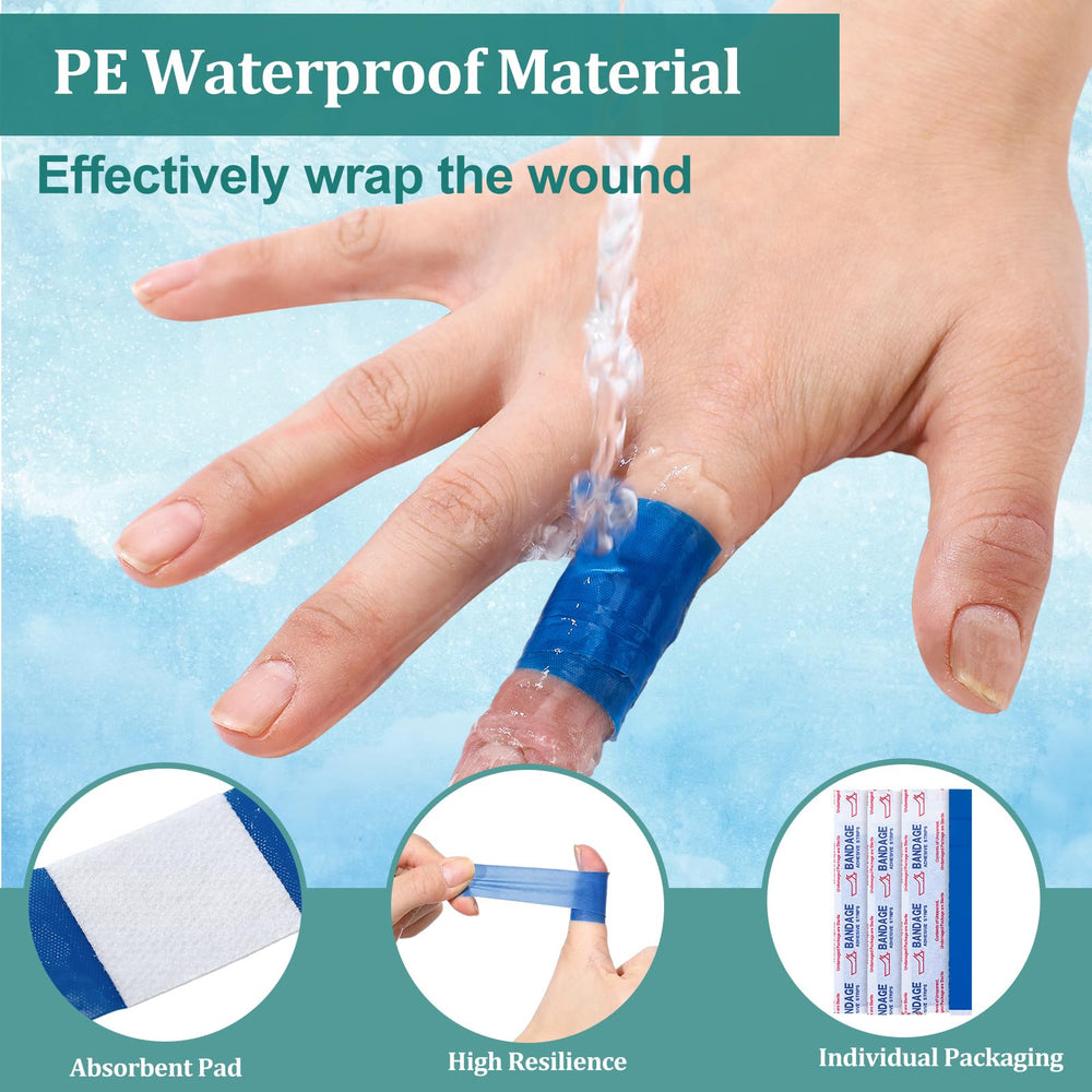 Geiserailie blue fabric bandage with nonstick pad highlighting painless removal.