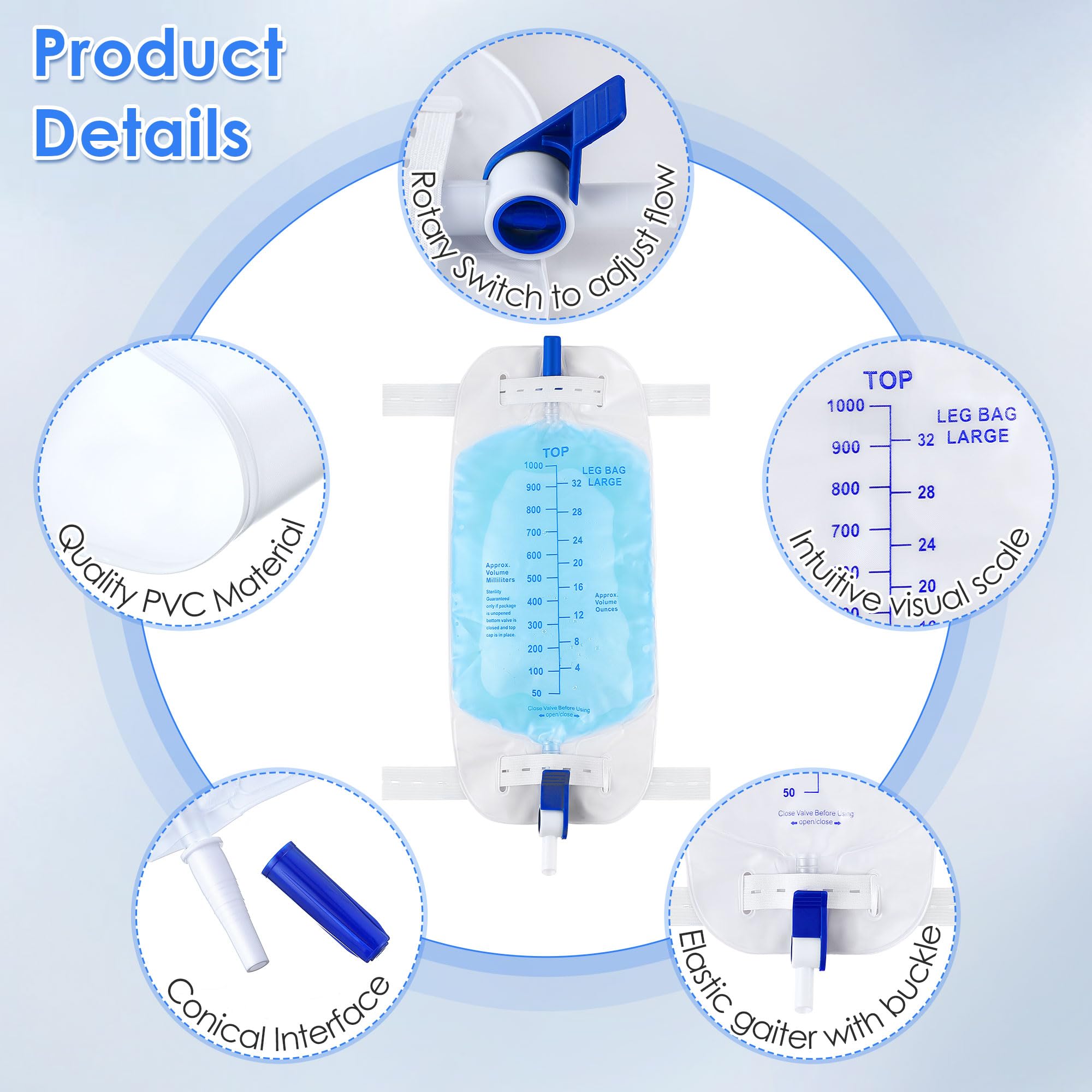 Geiserailie leg bag with graduated scale for easy output monitoring