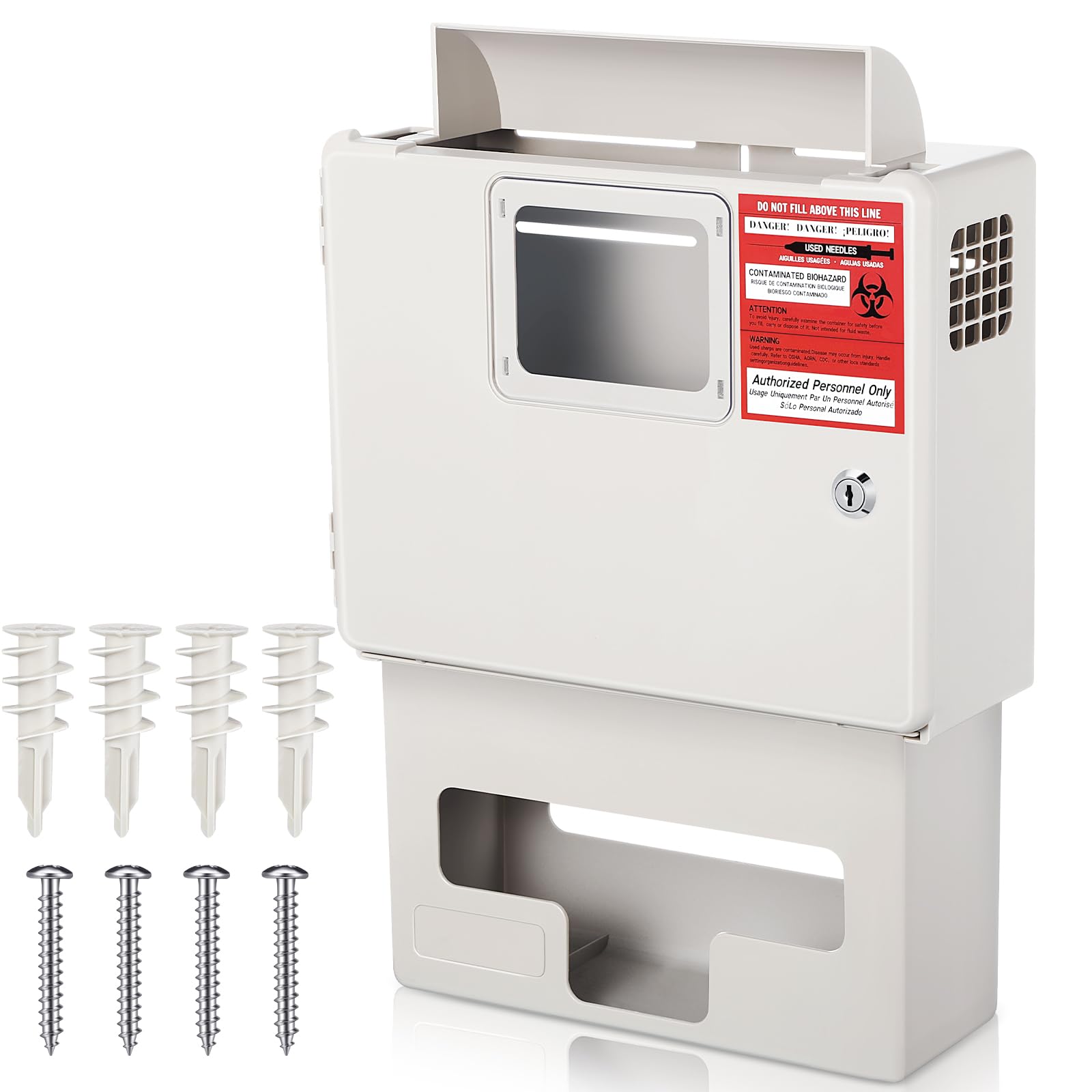 Geiserailie wall-mounted locking cabinet with glove box for organized sharps disposal