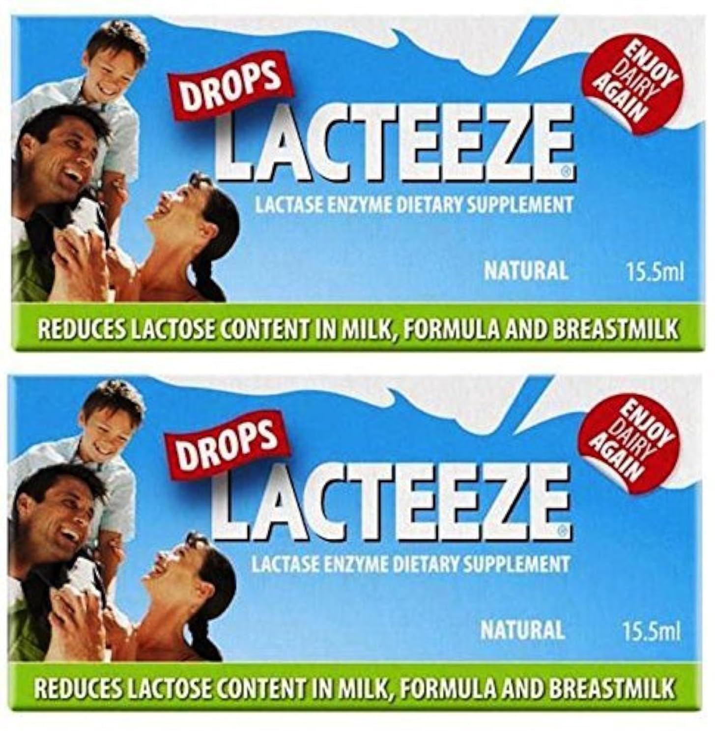 Gelda Scientific Lacteeze Drops bottle reduces lactose in milk for easier digestion.