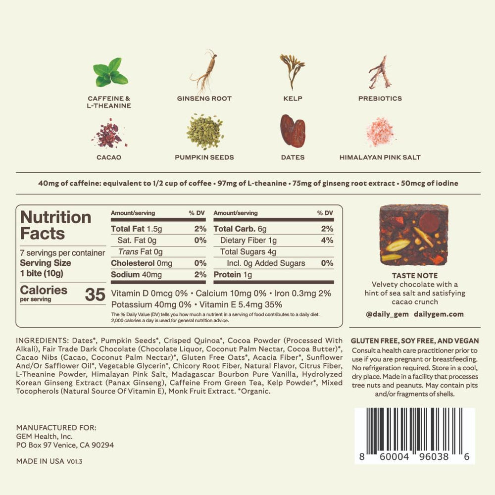 Packaging close-up of GEM Energy Energy bite.