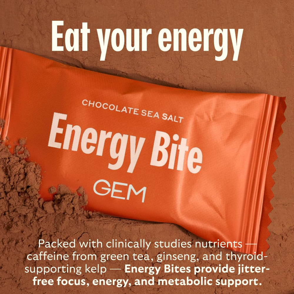 Stacked GEM Energy bites on a clean tabletop display.