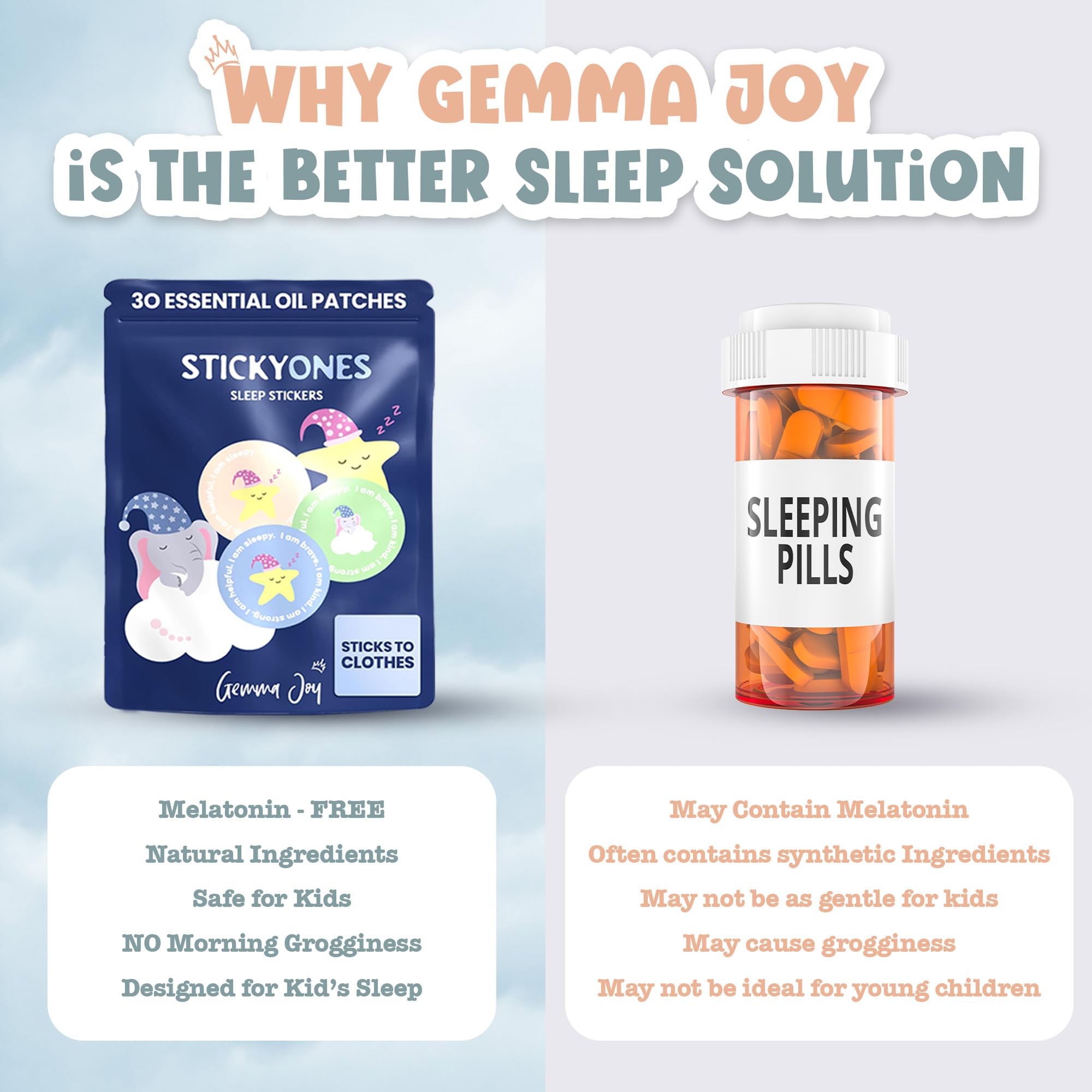 Gemma Joy StickyOnes melatonin-free formula offers a safe, non-pill sleep aid.
