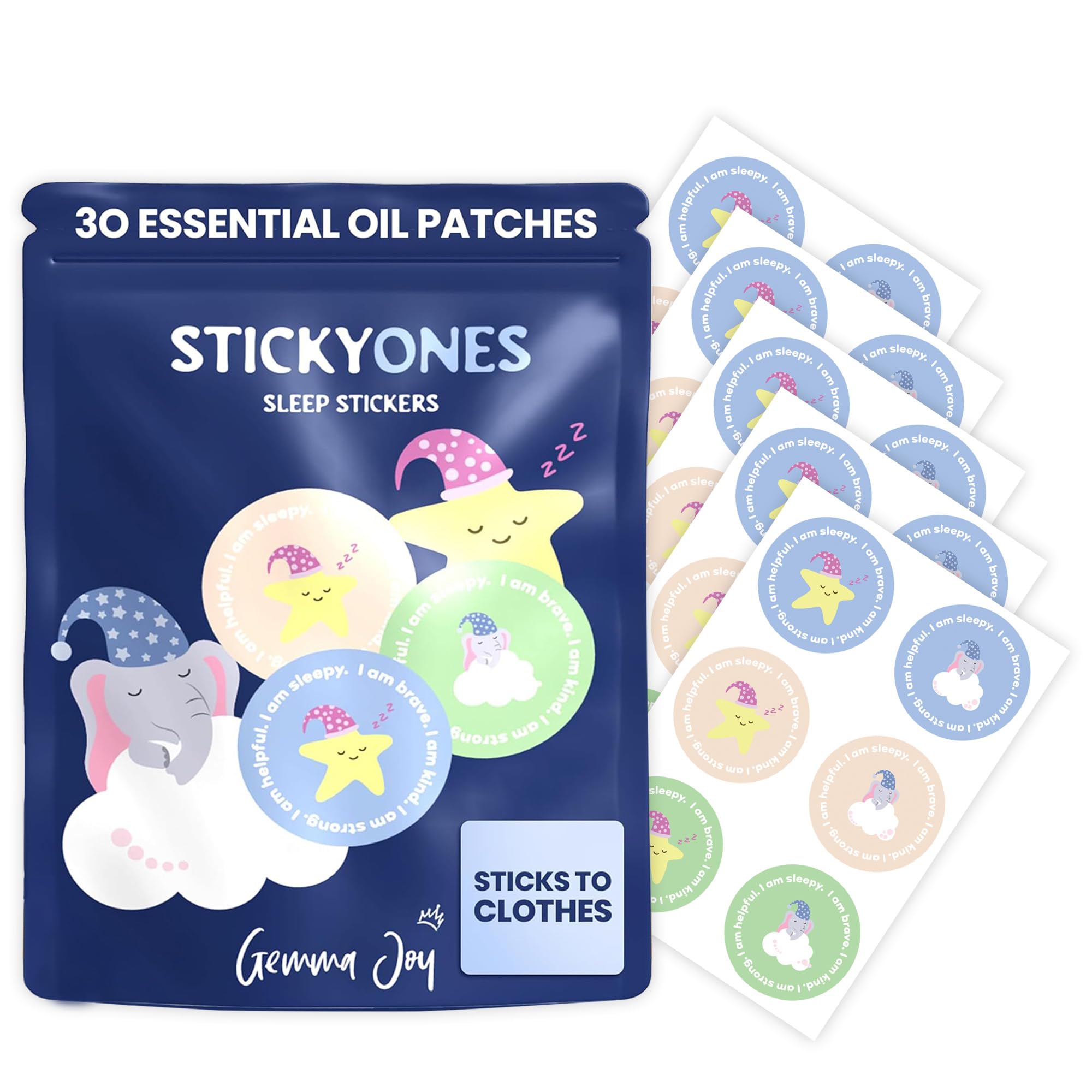 Gemma Joy StickyOnes sleep patch on clothes releasing calming sandalwood and lavender for a peaceful night.