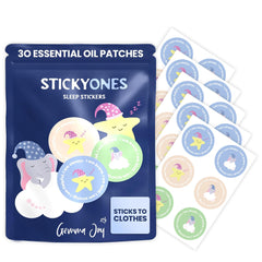 Gemma Joy StickyOnes sleep patch on clothes releasing calming sandalwood and lavender for a peaceful night.