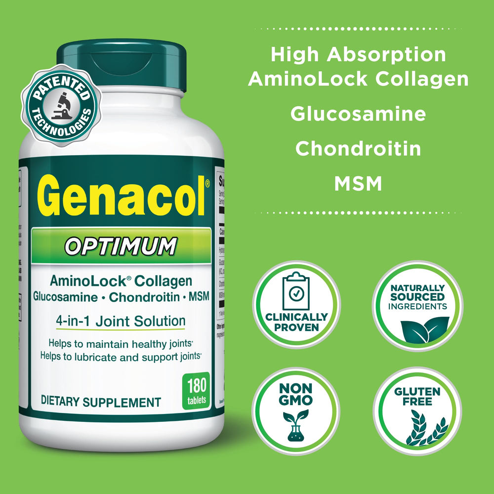 Genacol Optimum glucosamine chondroitin MSM blend for comprehensive joint care.
