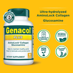 Genacol Plus AminoLock collagen label close-up emphasizes inclusive mobility support.