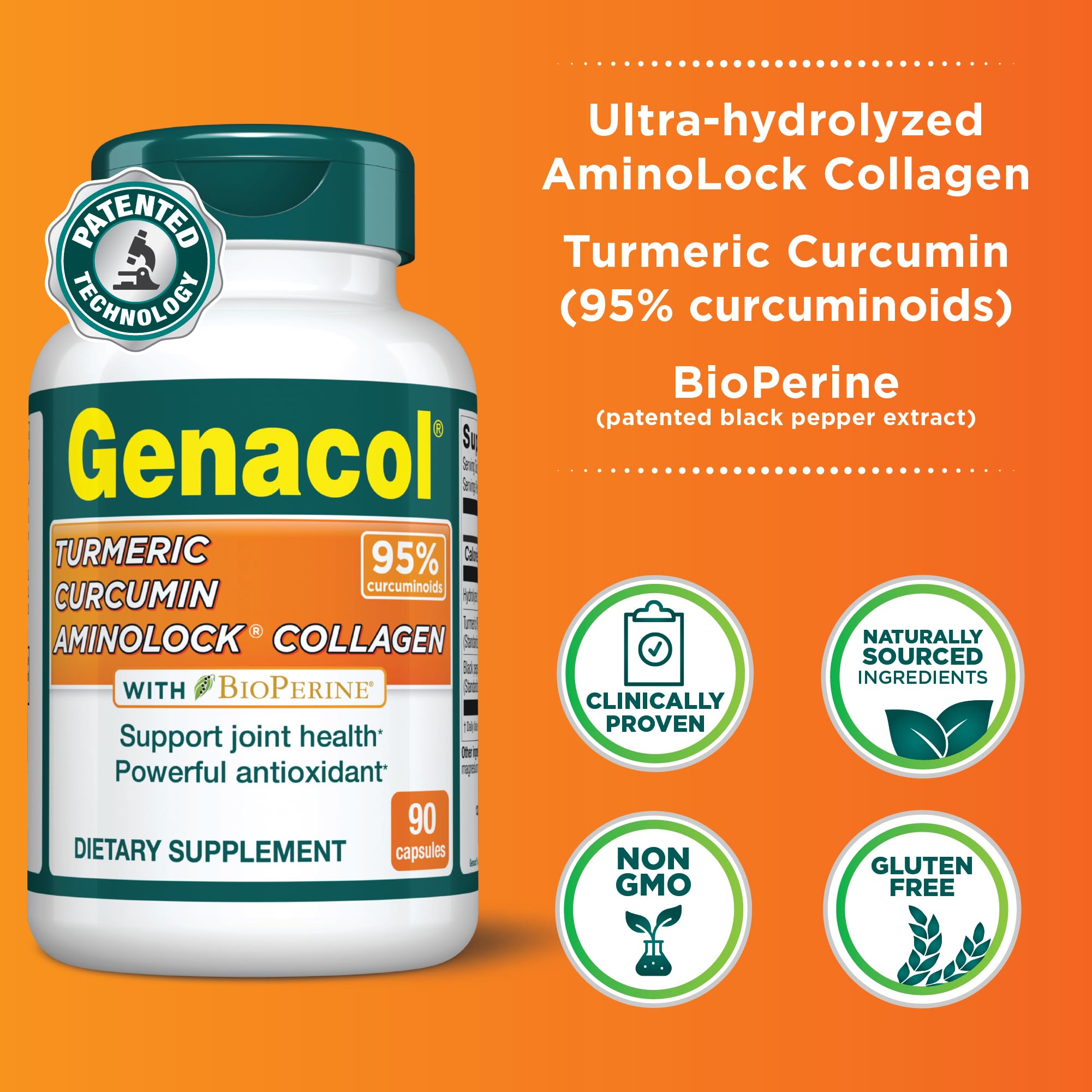 Genacol capsules close-up showing collagen and curcumin blend