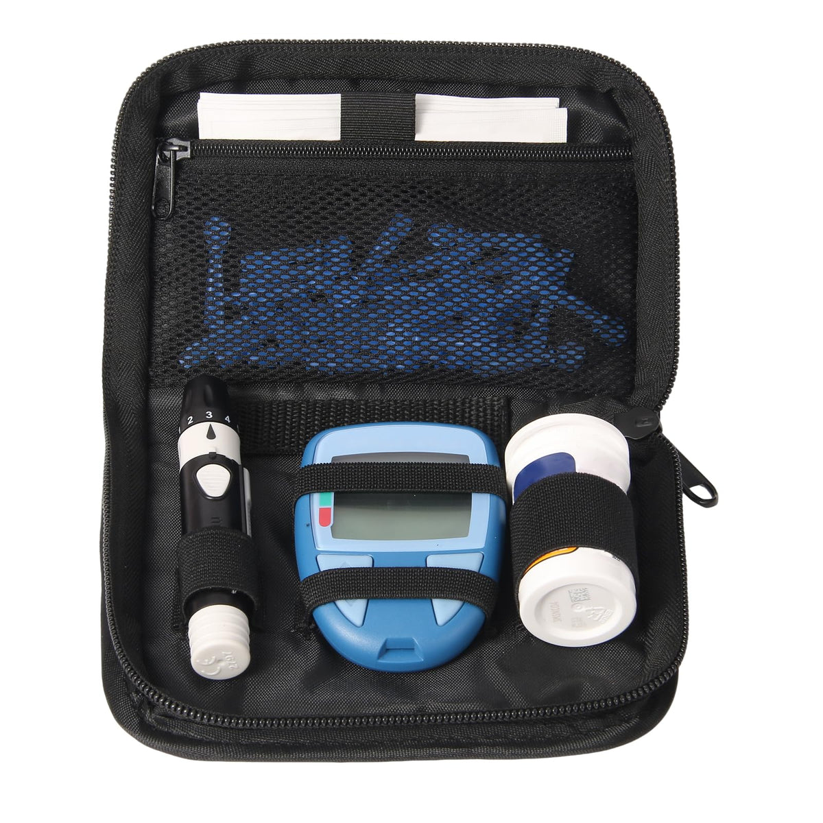 GENCAM diabetes supply case front view highlighting portable design for travel.