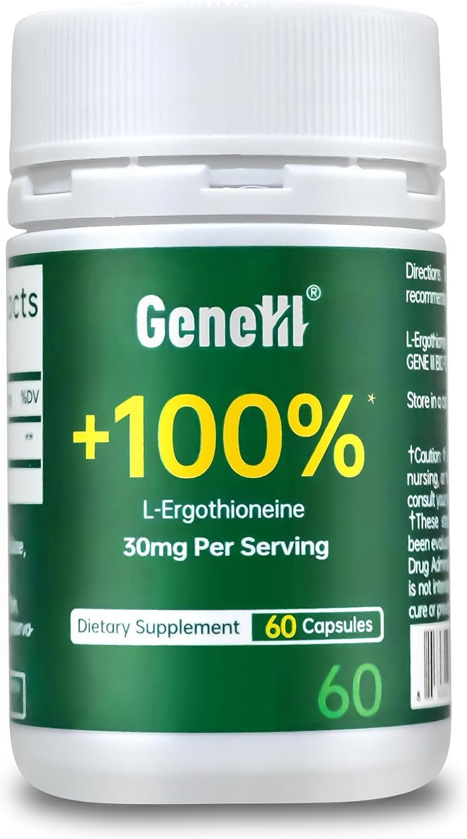 GeneIII EGT bottle cap image showing dosage and safety in a US-made supplement.