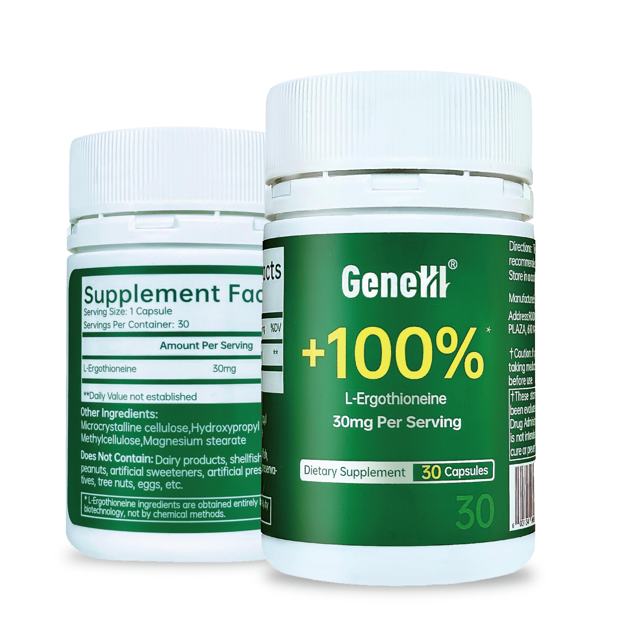 GENEIII ergothioneine bottle front view shows lab-tested antioxidant support