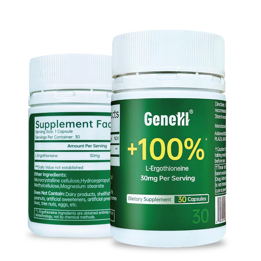 GENEIII ergothioneine bottle front view shows lab-tested antioxidant support