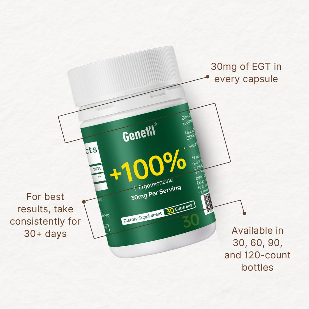GENEIII ergothioneine label detail highlighting USA-made purity