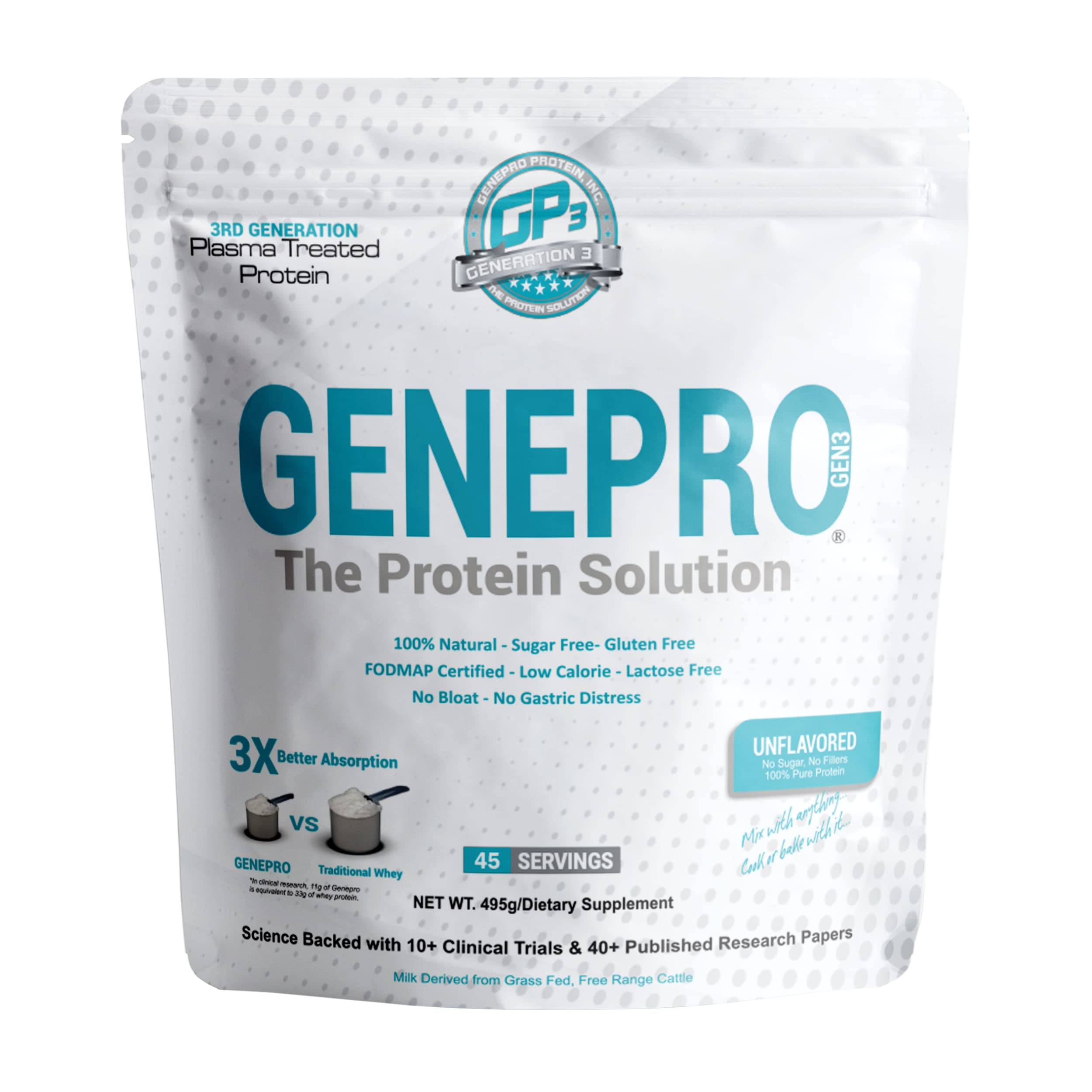 GENEPRO GEN. 3 unflavored protein powder bag highlights zero sugar and keto-friendly use