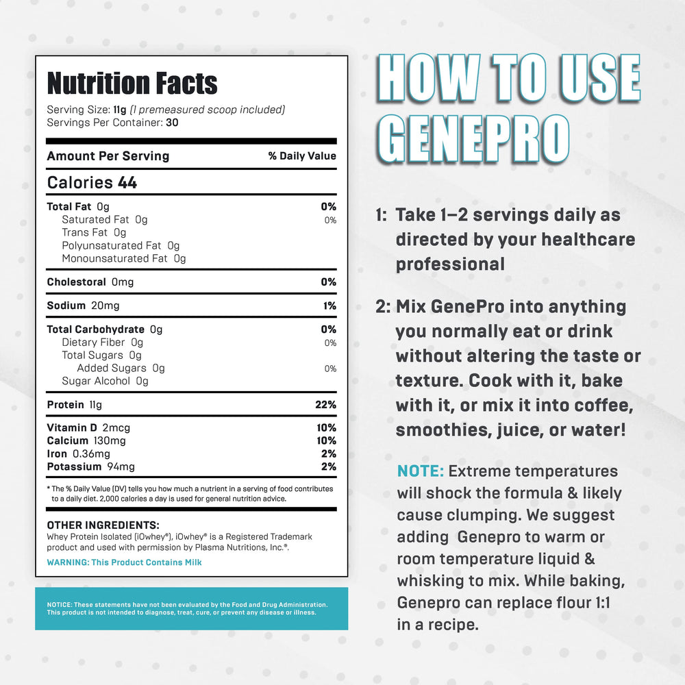 GENEPRO GEN. 3 unflavored scoop dispensing for easy daily portions.