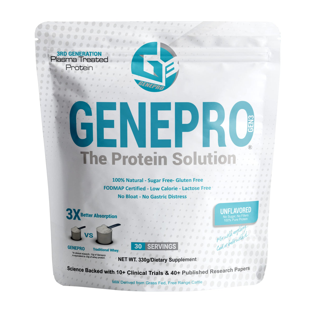 GENEPRO GEN. 3 unflavored tub close-up, high-purity whey isolate for versatile shakes.