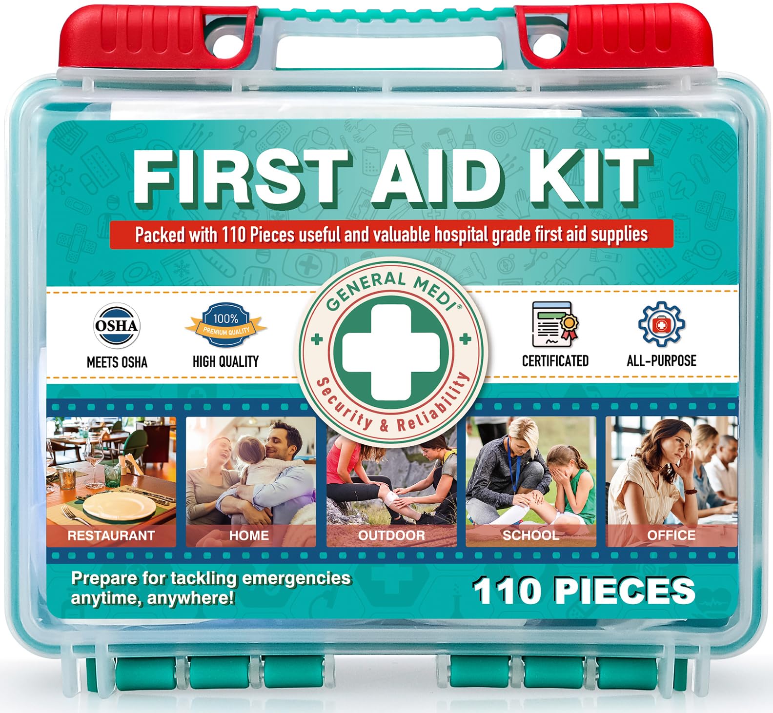 General Medi 110-piece first aid kit hardcase closeup showing organized contents for quick access