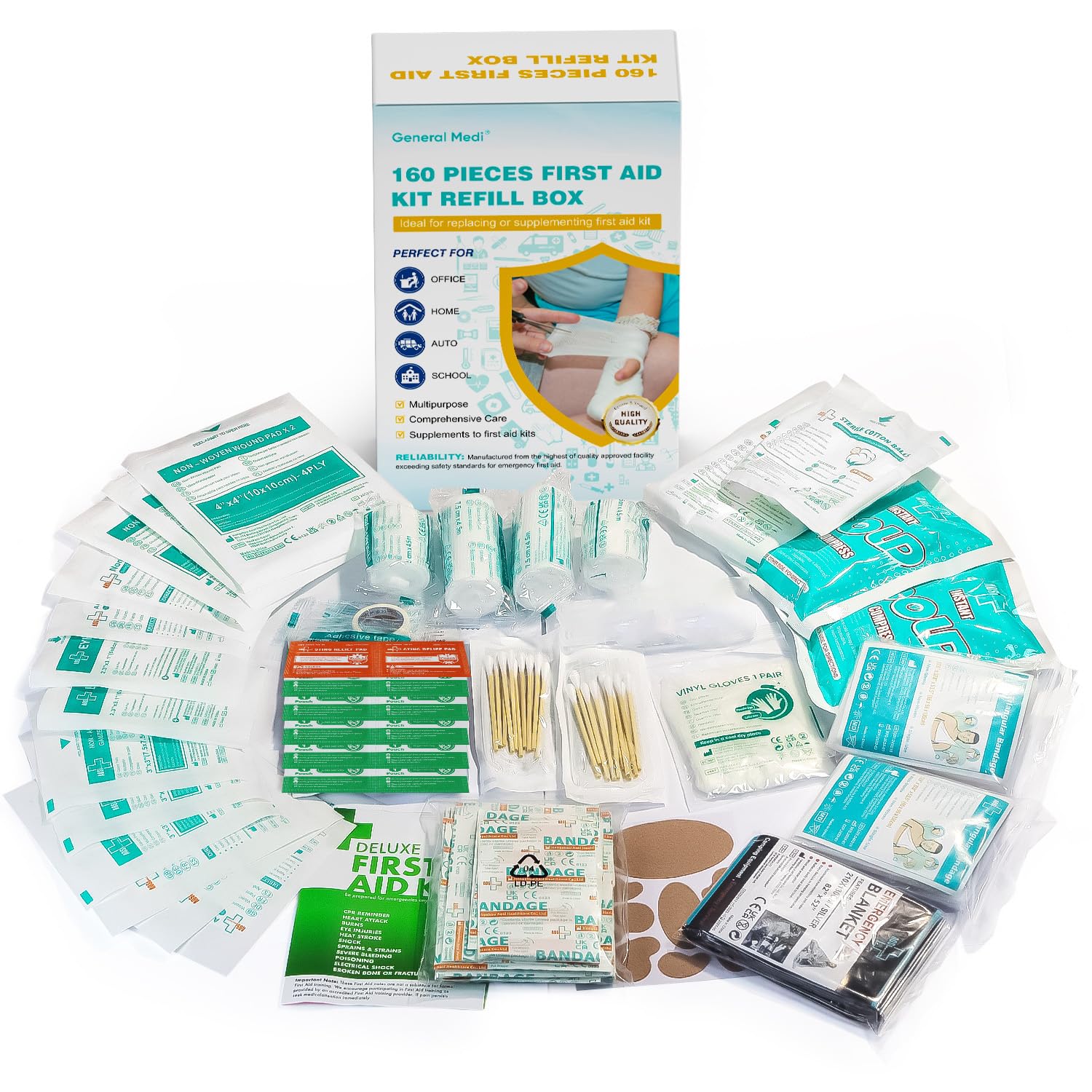 General Medi 160-piece kit refill with instant cold pack for quick first aid response.