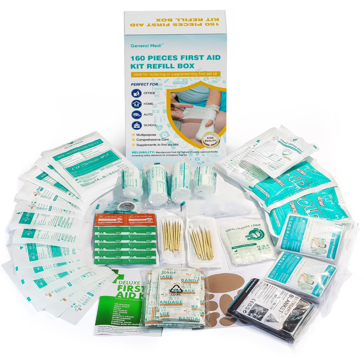 General Medi 160-piece kit refill with instant cold pack for quick first aid response.