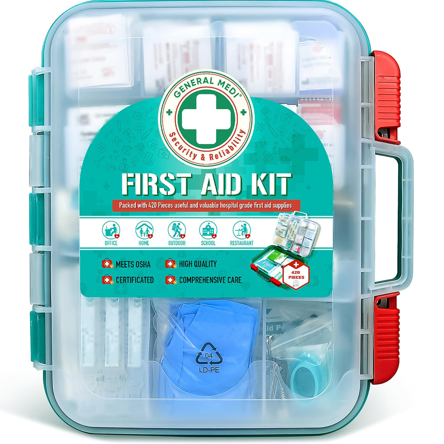 General Medi 420-piece first aid kit in hardcase front view for travel readiness