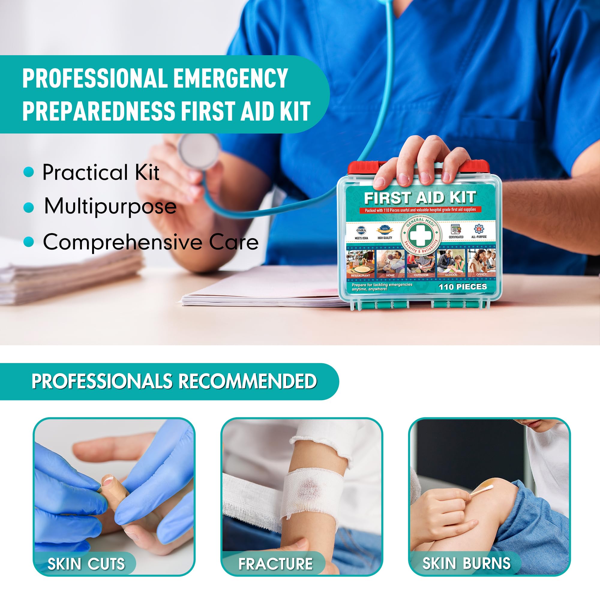 General Medi camping and hiking first aid kit setup ready for outdoors