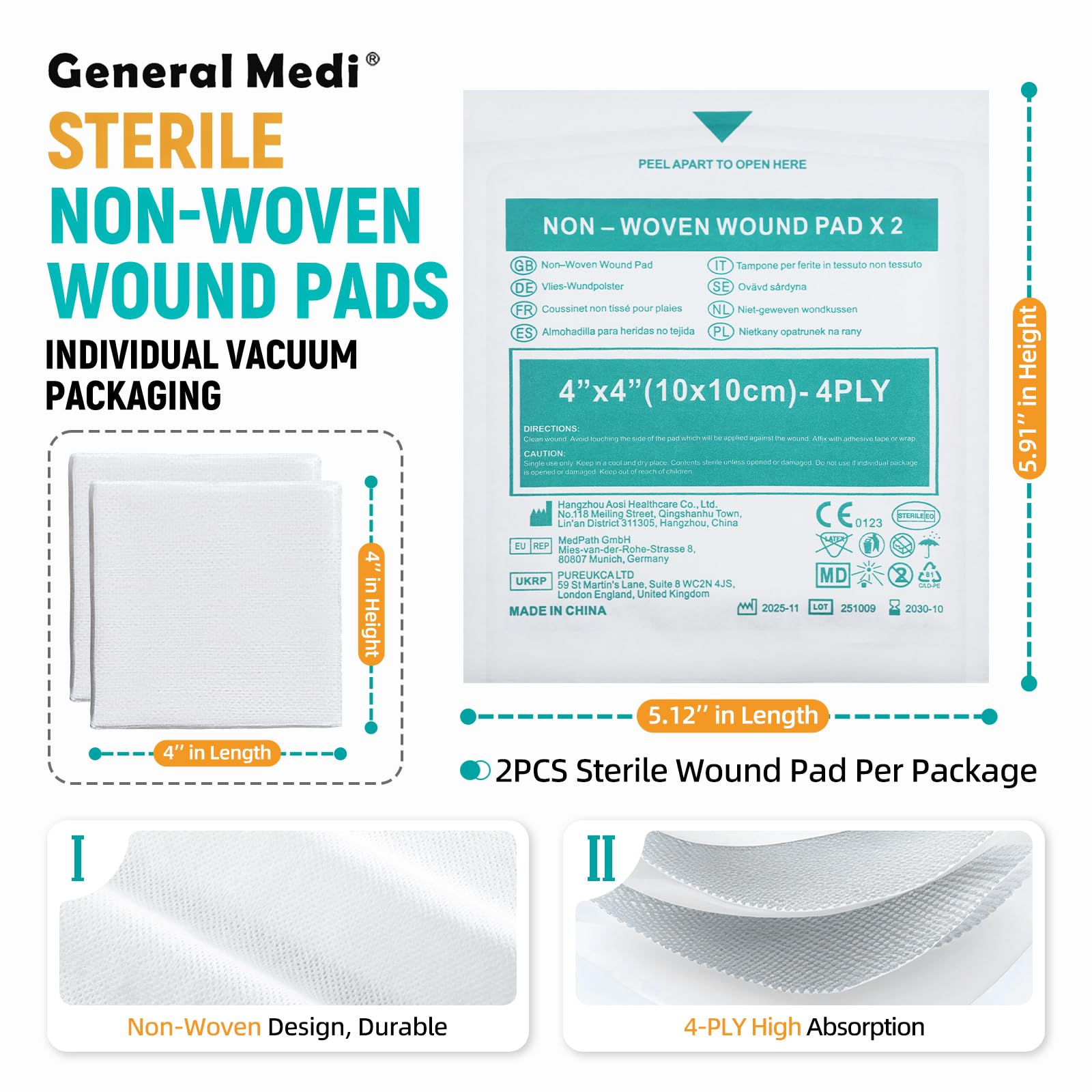 General Medi gasa 4ply absorbente para heridas pequeñas