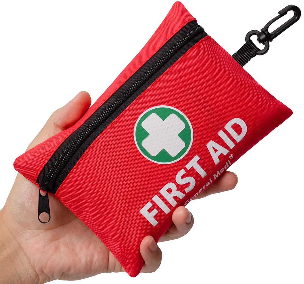General Medi Mini First Aid Kit with 110 pieces showing comprehensive contents for quick care.