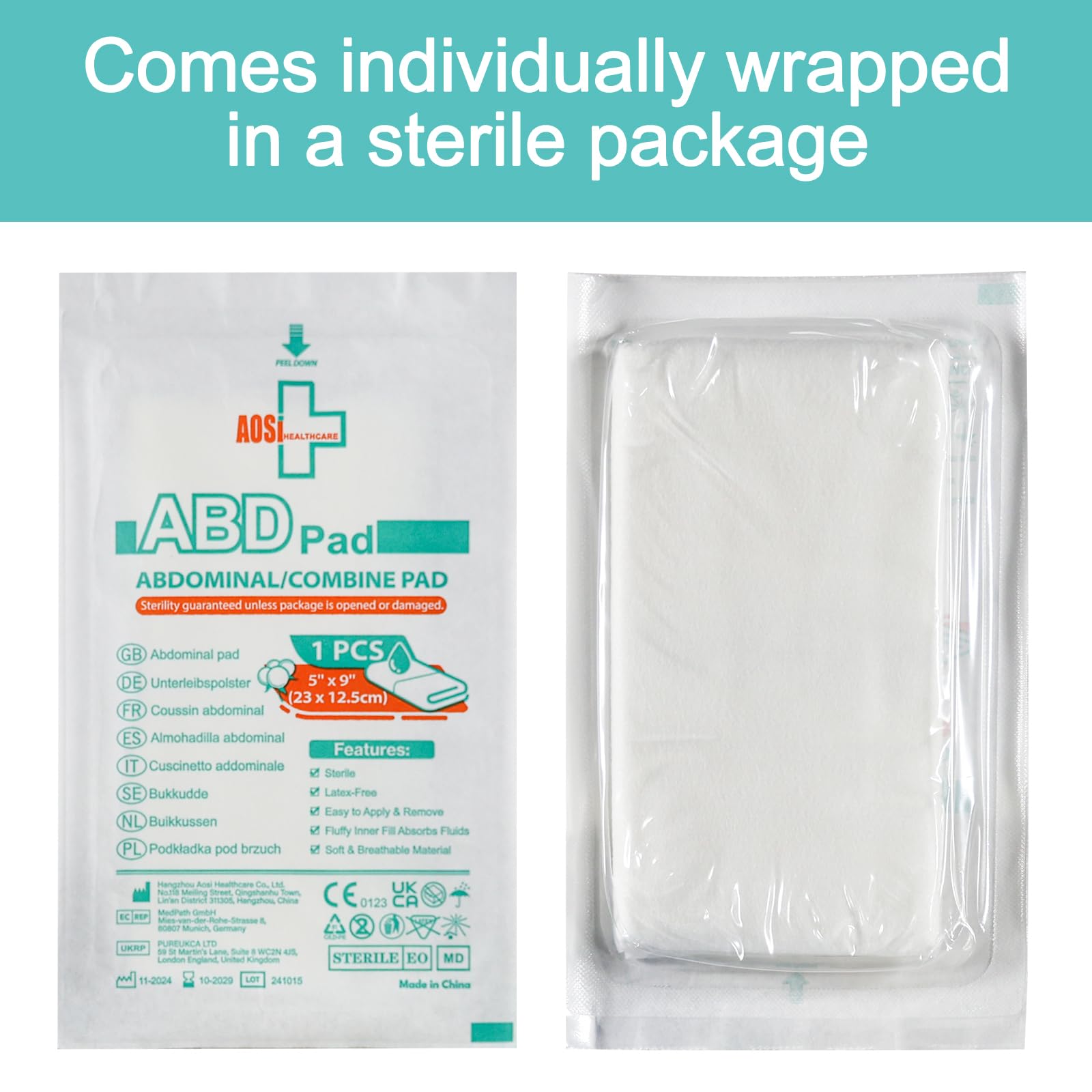 General Medi sterile abdominal combine pads in packaged form.