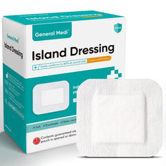 General Medi sterile island dressing with border pads provides 4x4 inch wound coverage.