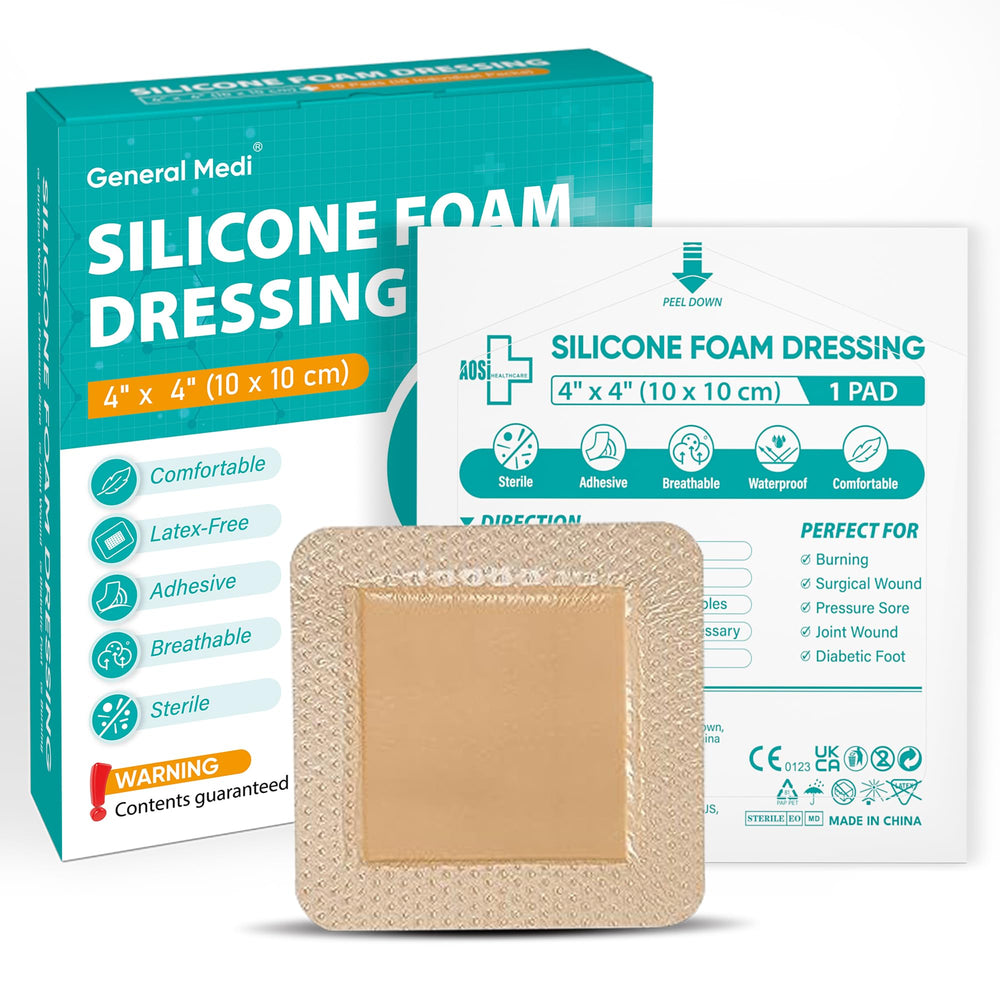 General Medi waterproof silicone foam island dressing 4x4 front view in sterile packaging