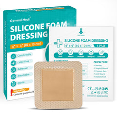 General Medi waterproof silicone foam island dressing 4x4 front view in sterile packaging