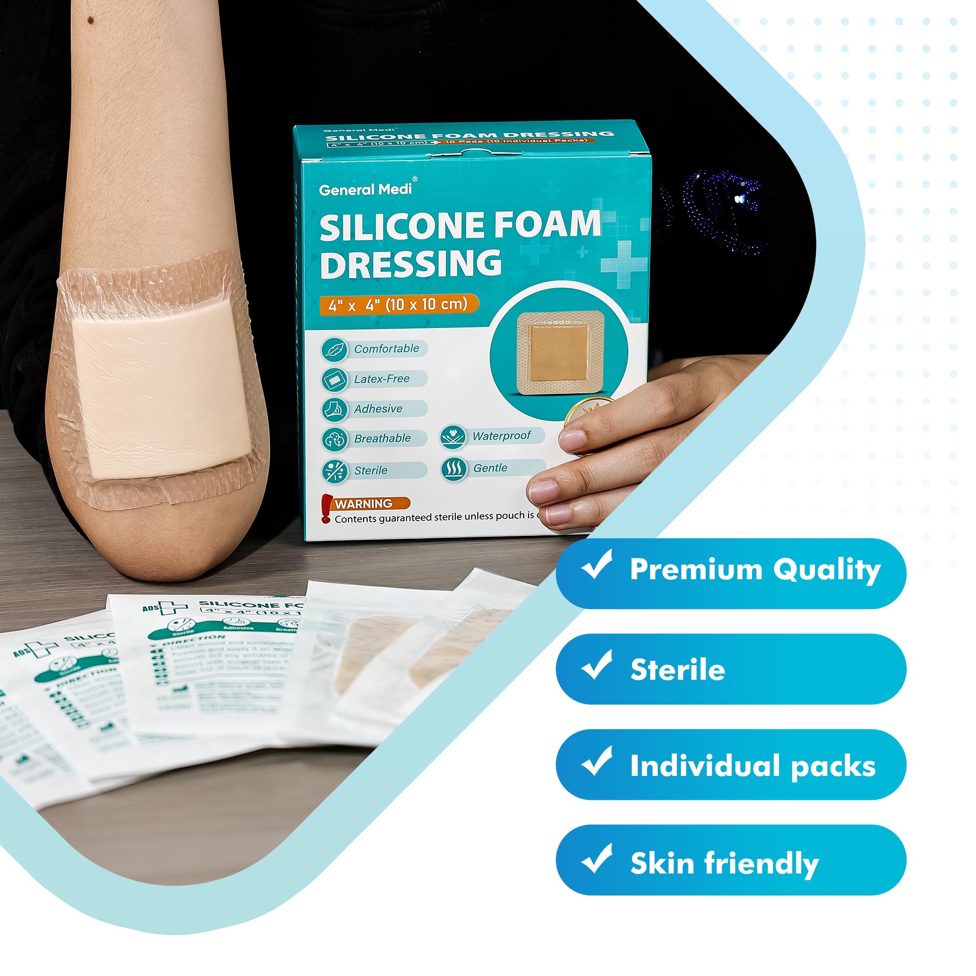 Adhesive border keeps General Medi dressing in place during activity
