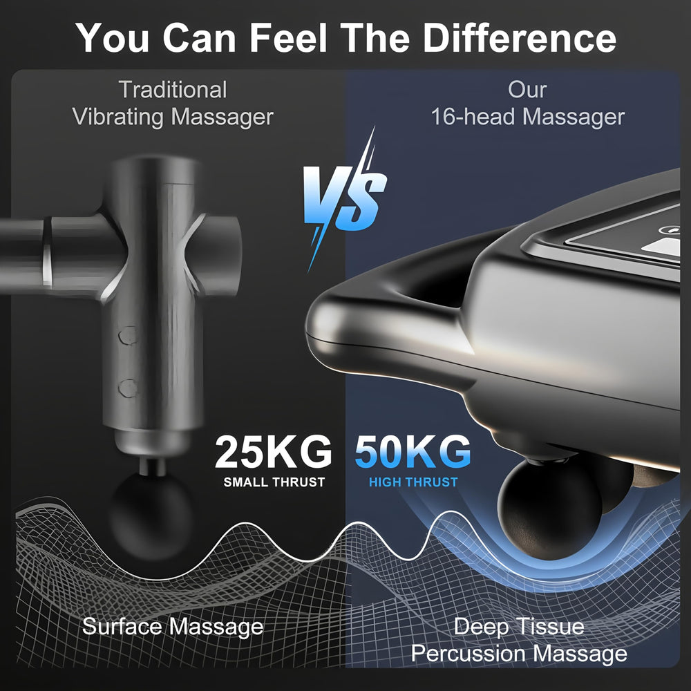 Generic 16-Drive 8-Head Massage Gun Set battery indicator showing charge status.