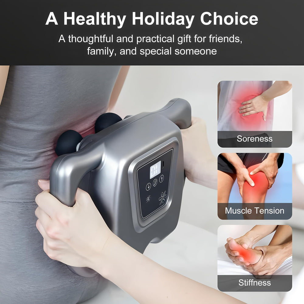 Generic 16-Drive 8-Head Massage Gun Set in use on back and shoulder.