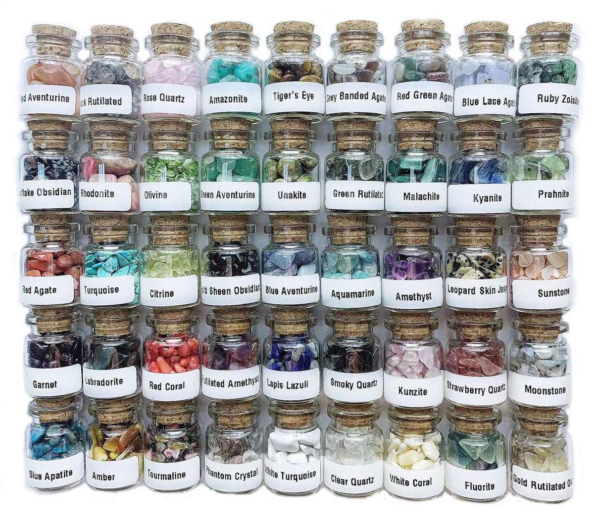 Generic 45-crystal gemstones bottles set for chakra balancing and mindful meditation.