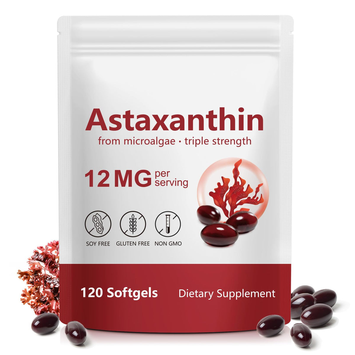 Generic Astaxanthin softgel bottle highlighting eye health support