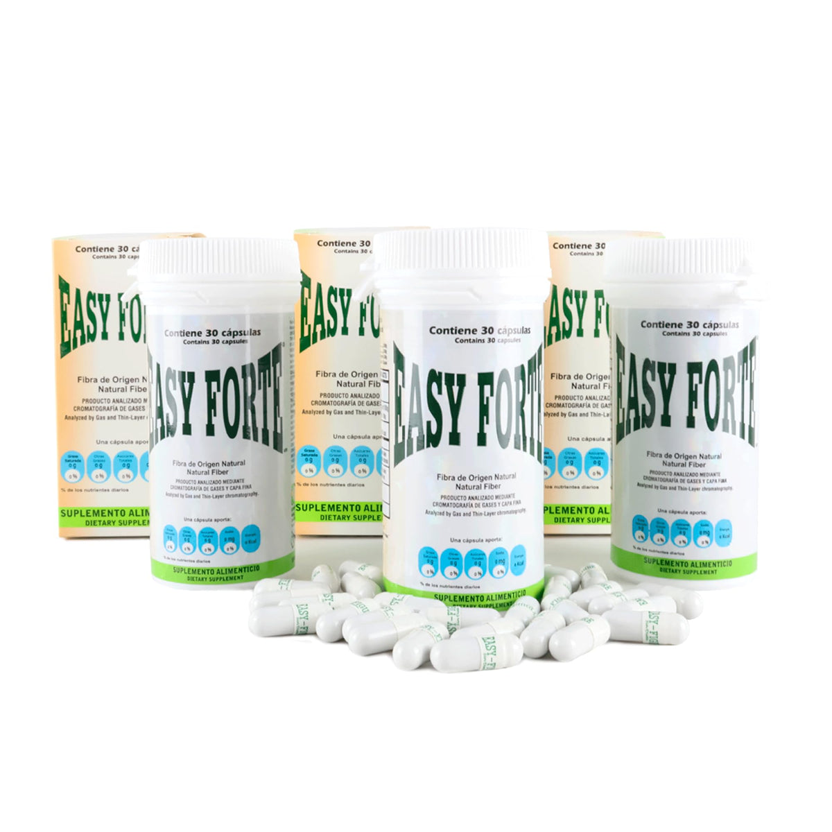 Generic Easy Forte bottle pour showing convenient nightly fiber dosing for digestion