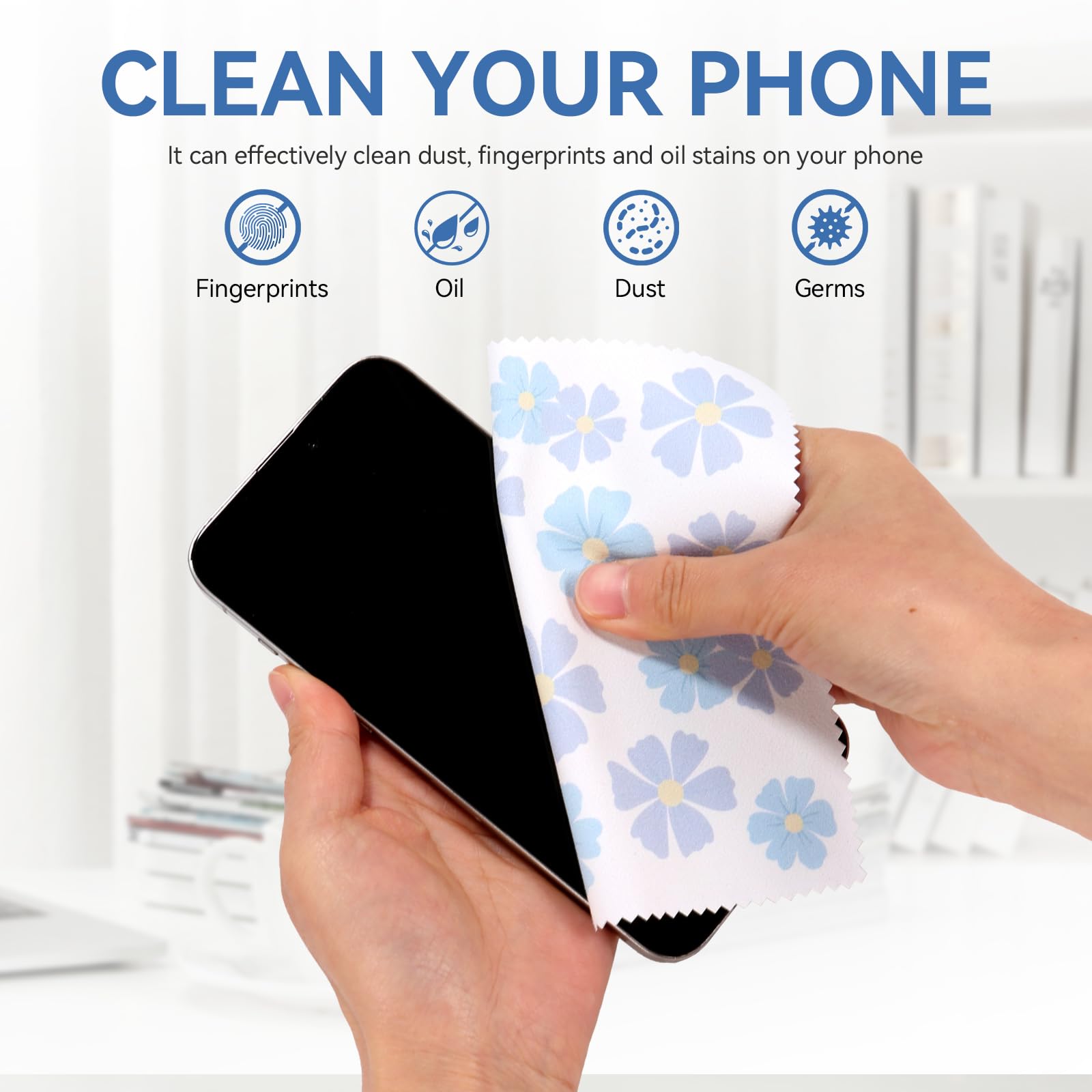 Generic glasses cleaning cloth shows cute floral design and compact 6x6 size