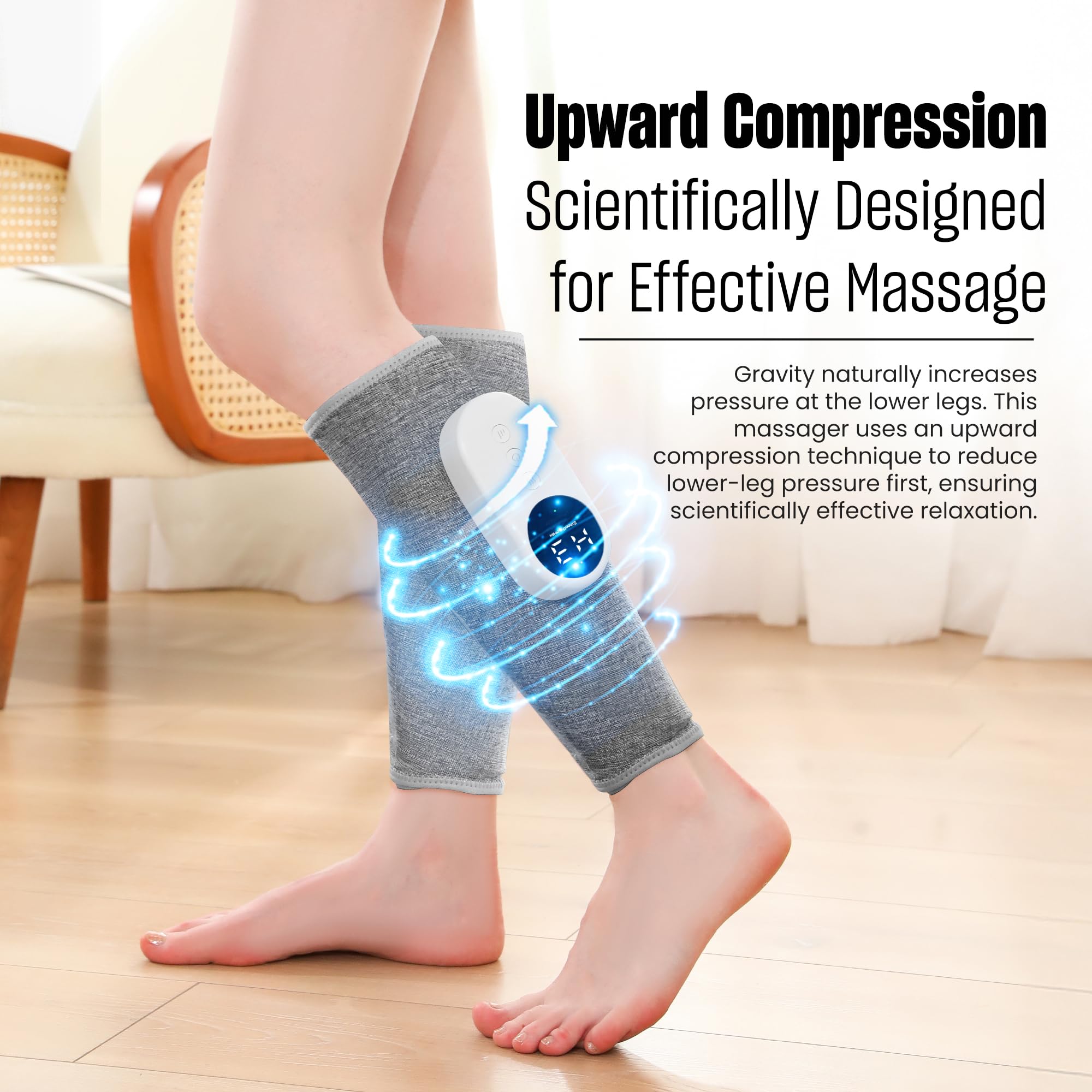 Leg massager with heat function enhancing comfort during session.