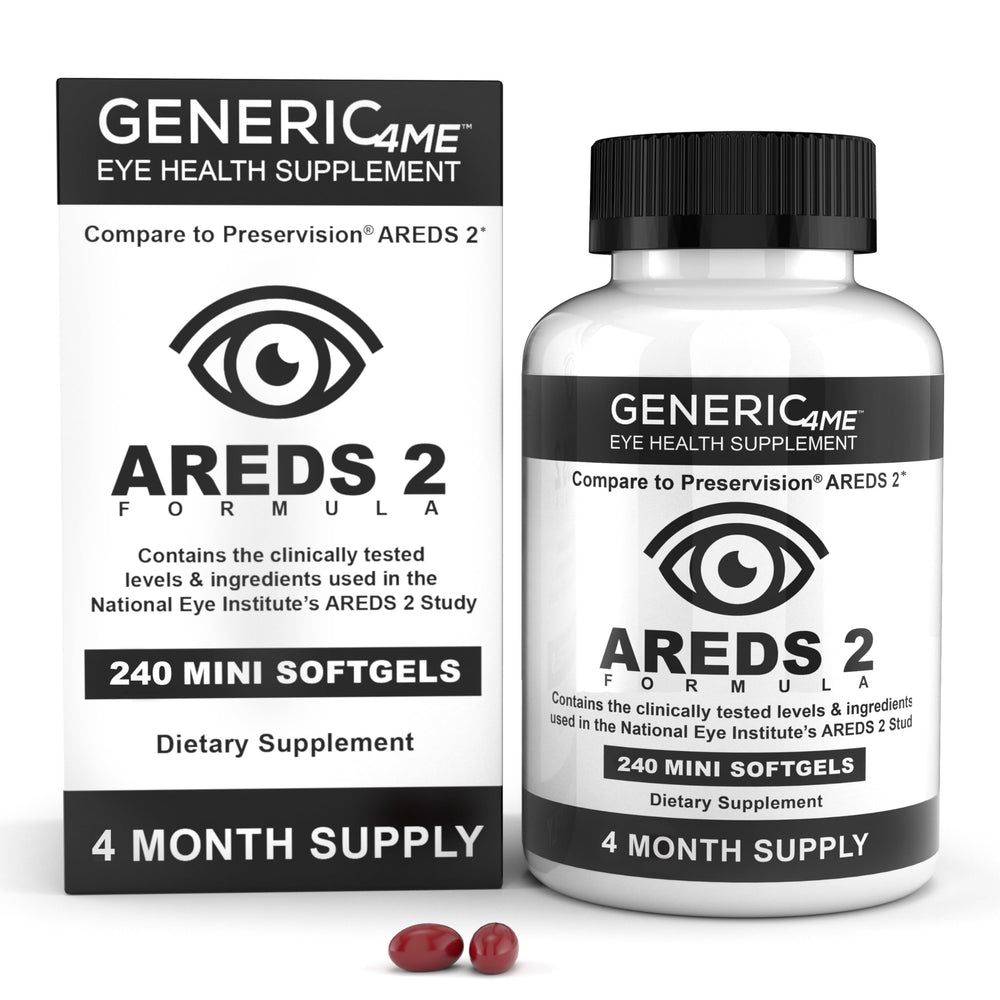 Generic4ME AREDS2 softgels bottle highlighting eye health ingredients.