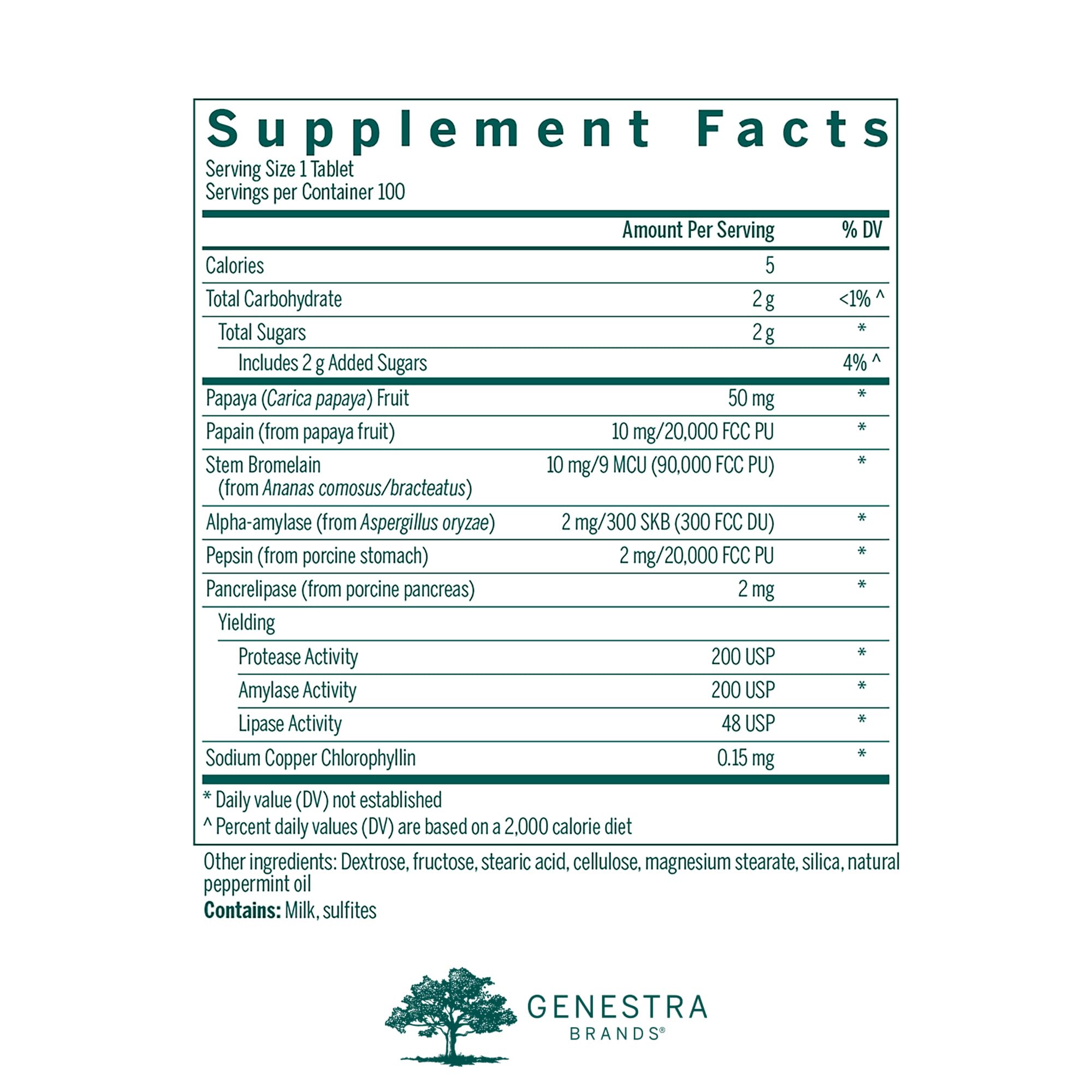 Genestra Bio Enzymes bottle side view with chewable tablets.