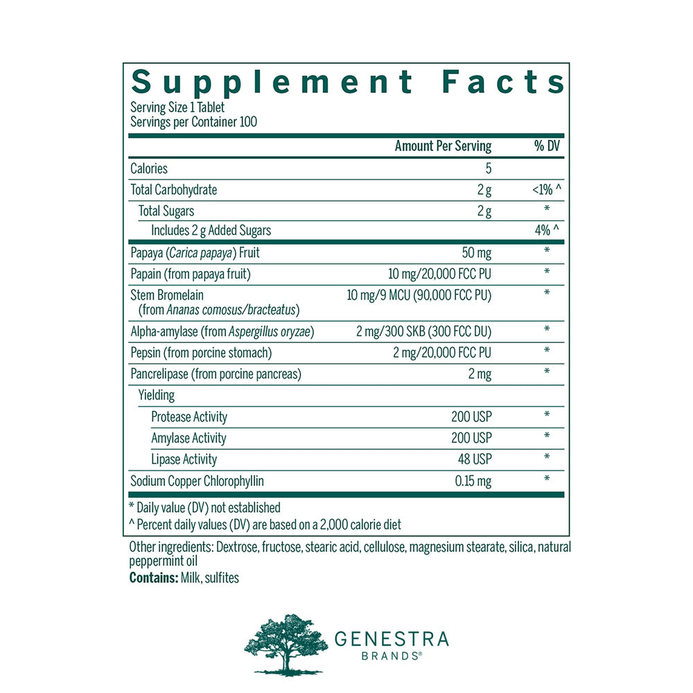 Genestra Bio Enzymes bottle side view with chewable tablets.