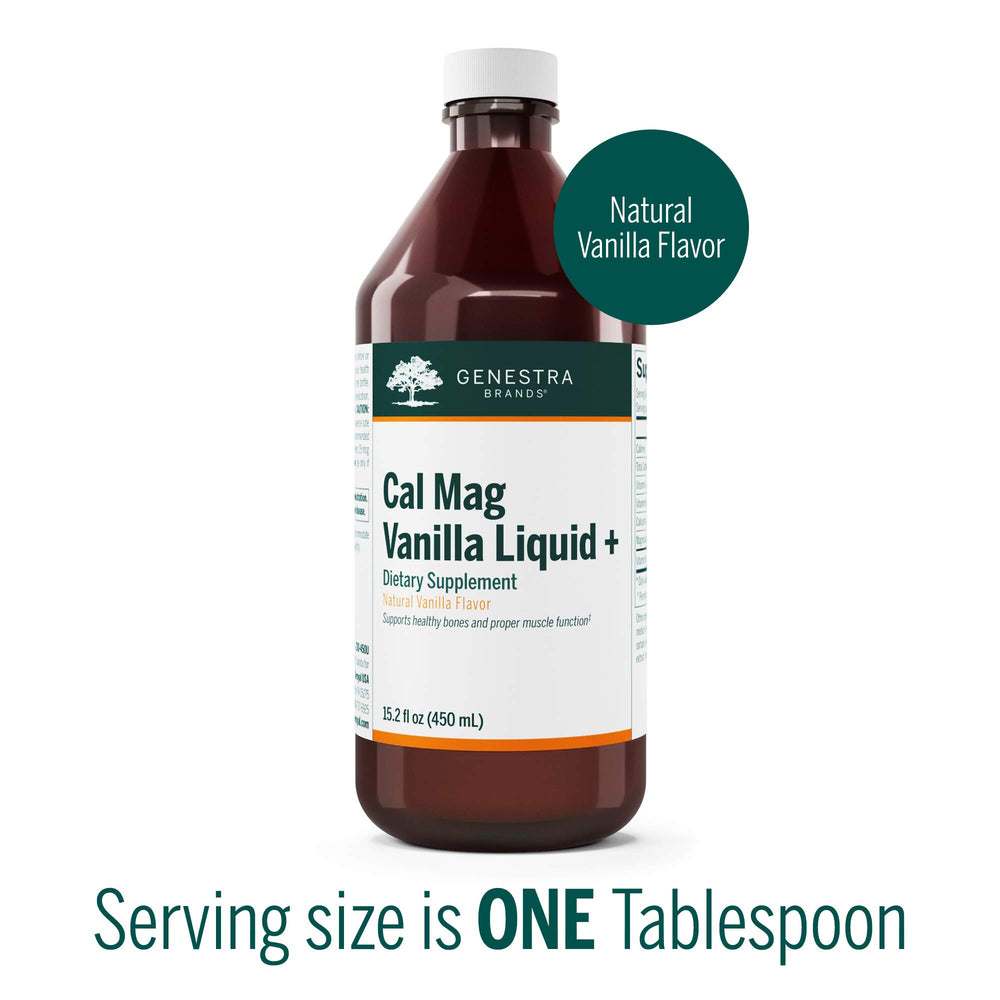 Genestra Cal Mag Vanilla Liquid measuring scoop supports accurate daily servings.