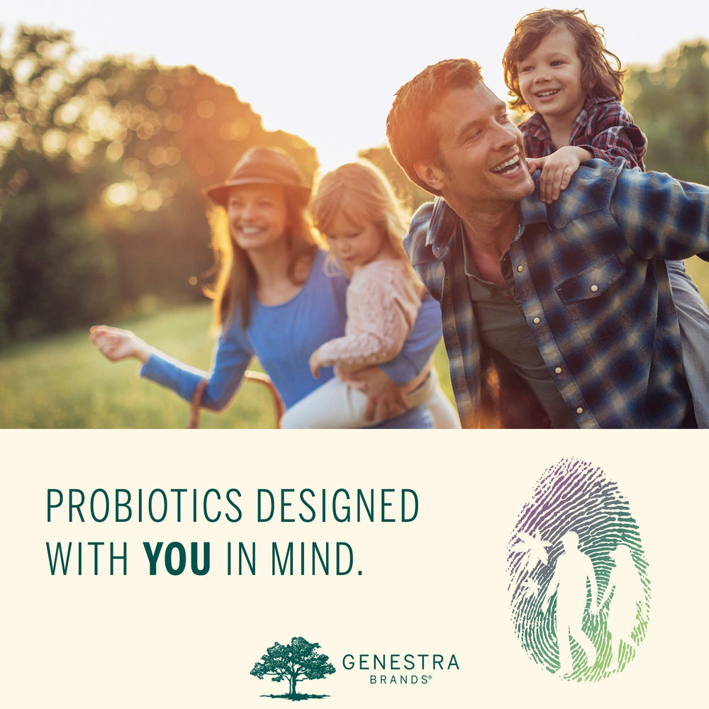 Genestra HMF Intensive packaging on shelf indicating shelf-stable probiotic option.