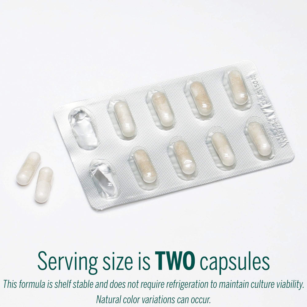 Genestra HMF Travel packaging and label indicating shelf-stable probiotic formula.