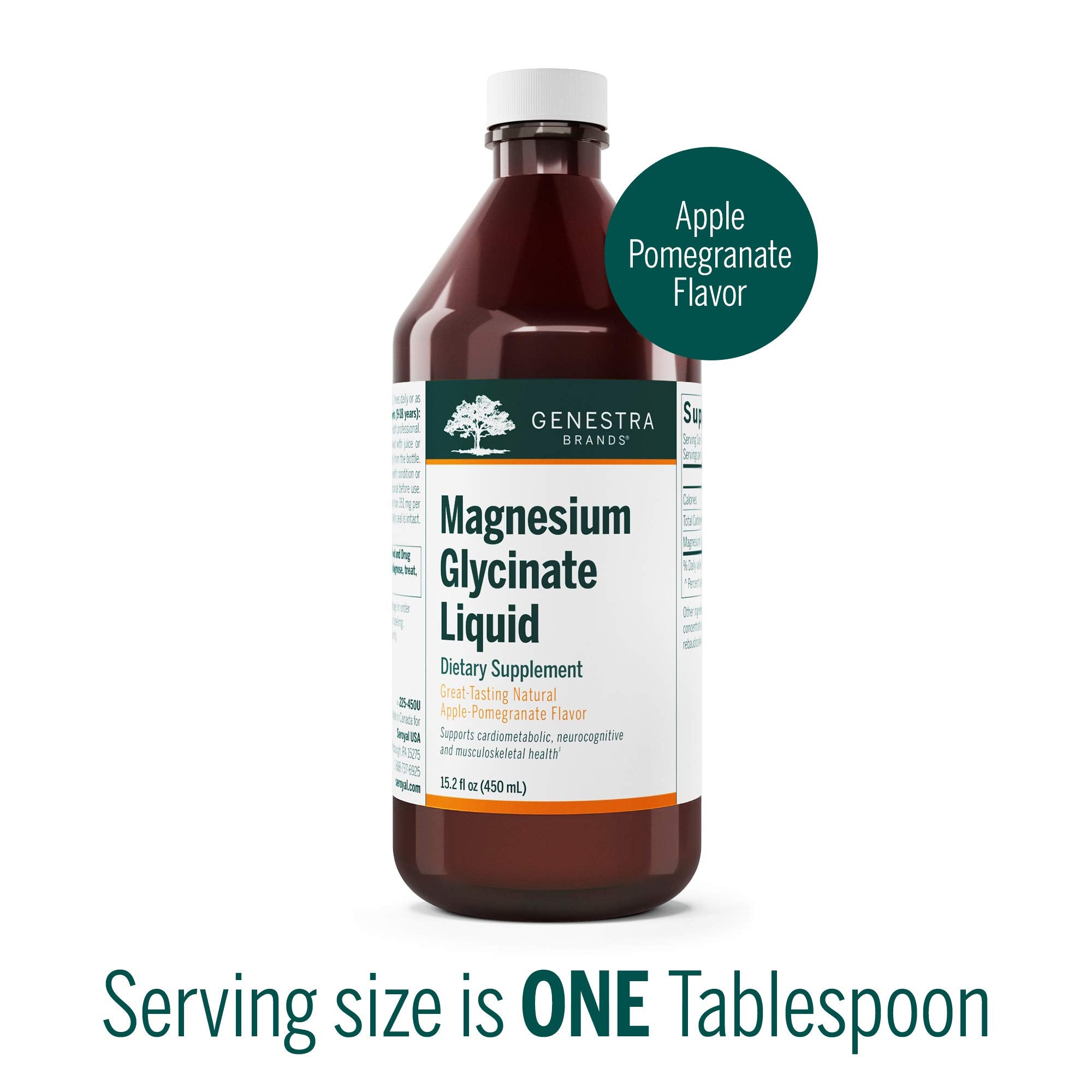 Genestra Magnesium Glycinate Liquid label with dosage and metabolism details.