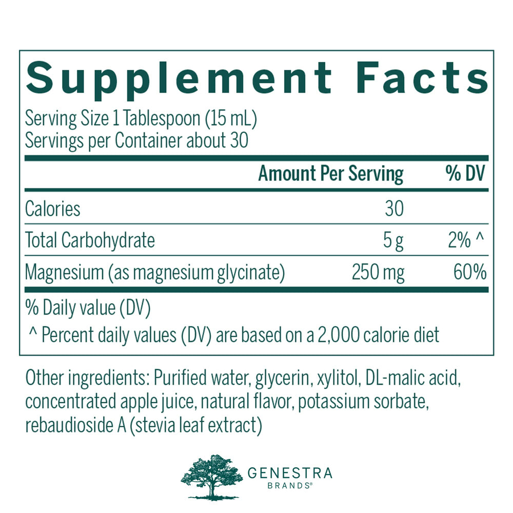 Genestra Magnesium Glycinate Liquid pour showing convenient daily intake.