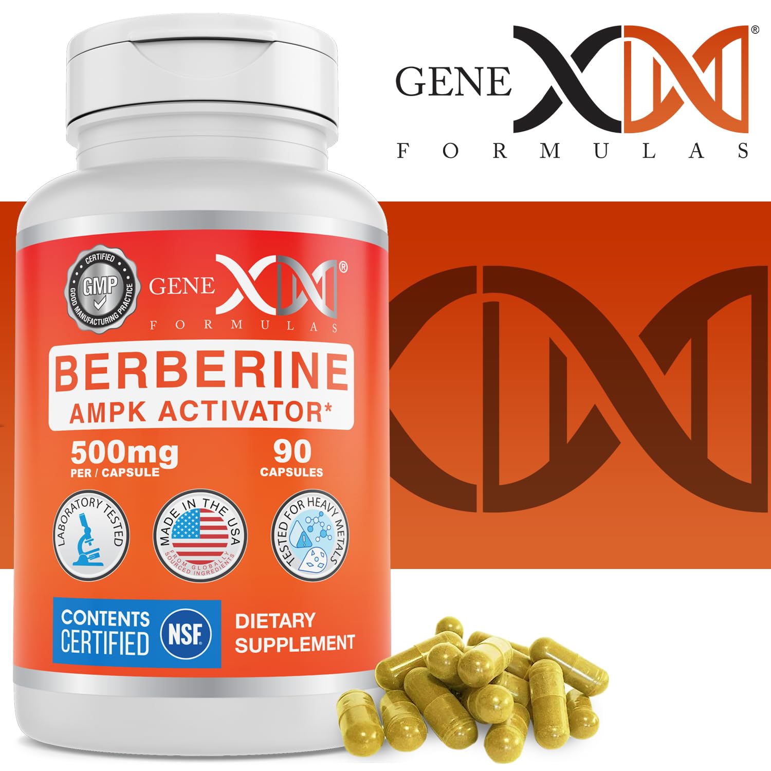 Genex Berberine HCl 500mg bottle beside a glass of water for easy ingestion