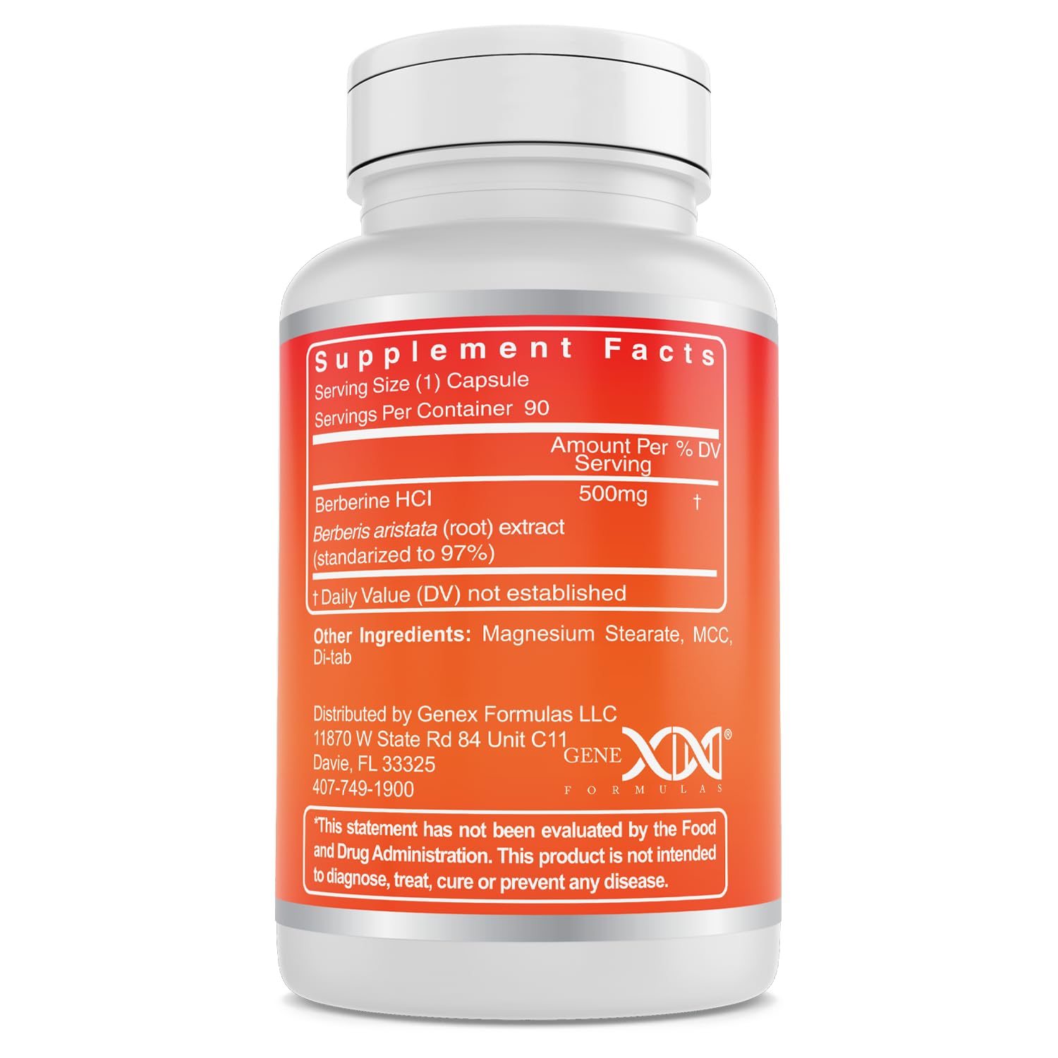 Genex Berberine HCl 500mg bottle with nutrition facts and ingredients clearly listed