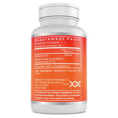 Genex Berberine HCl 500mg bottle with nutrition facts and ingredients clearly listed